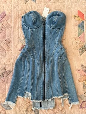 NWT Natasha Zinko Denim Corset Dress | S | Light Wash Strapless Frayed Hem